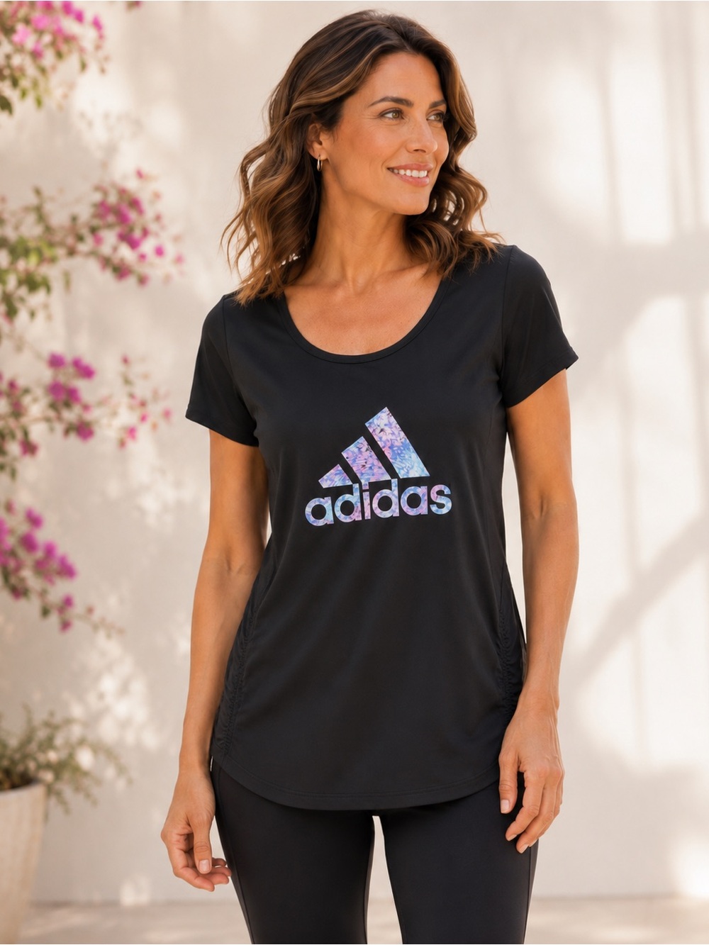 Adidas Climalite Black Athletic T-Shirt XL Floral Logo Short Sleeve Workout Top